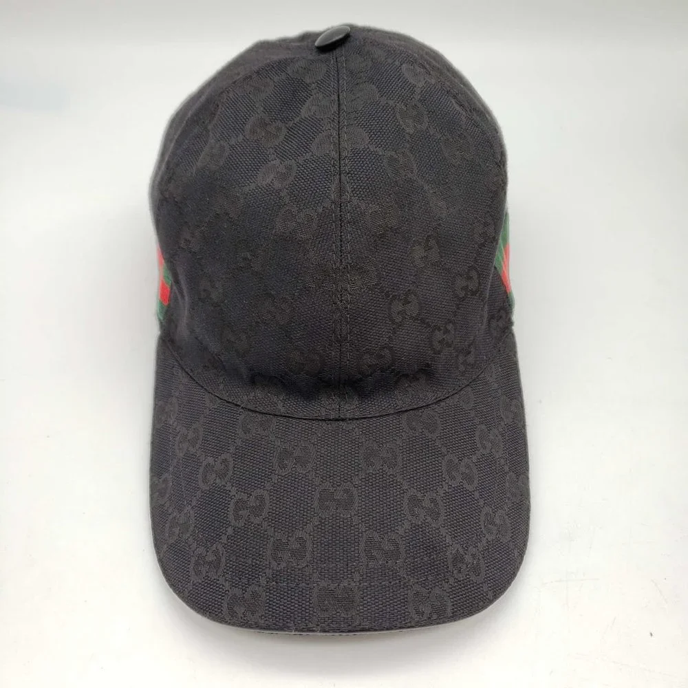 100% Authentic Gucci Cap Black Canvas Leather Hat Unisex - Picture 4 of 11